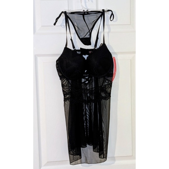 Black Fuchsia Black Lace Babydoll Lingerie‎ Set XL Sheer Lace Up New - Picture 1 of 11